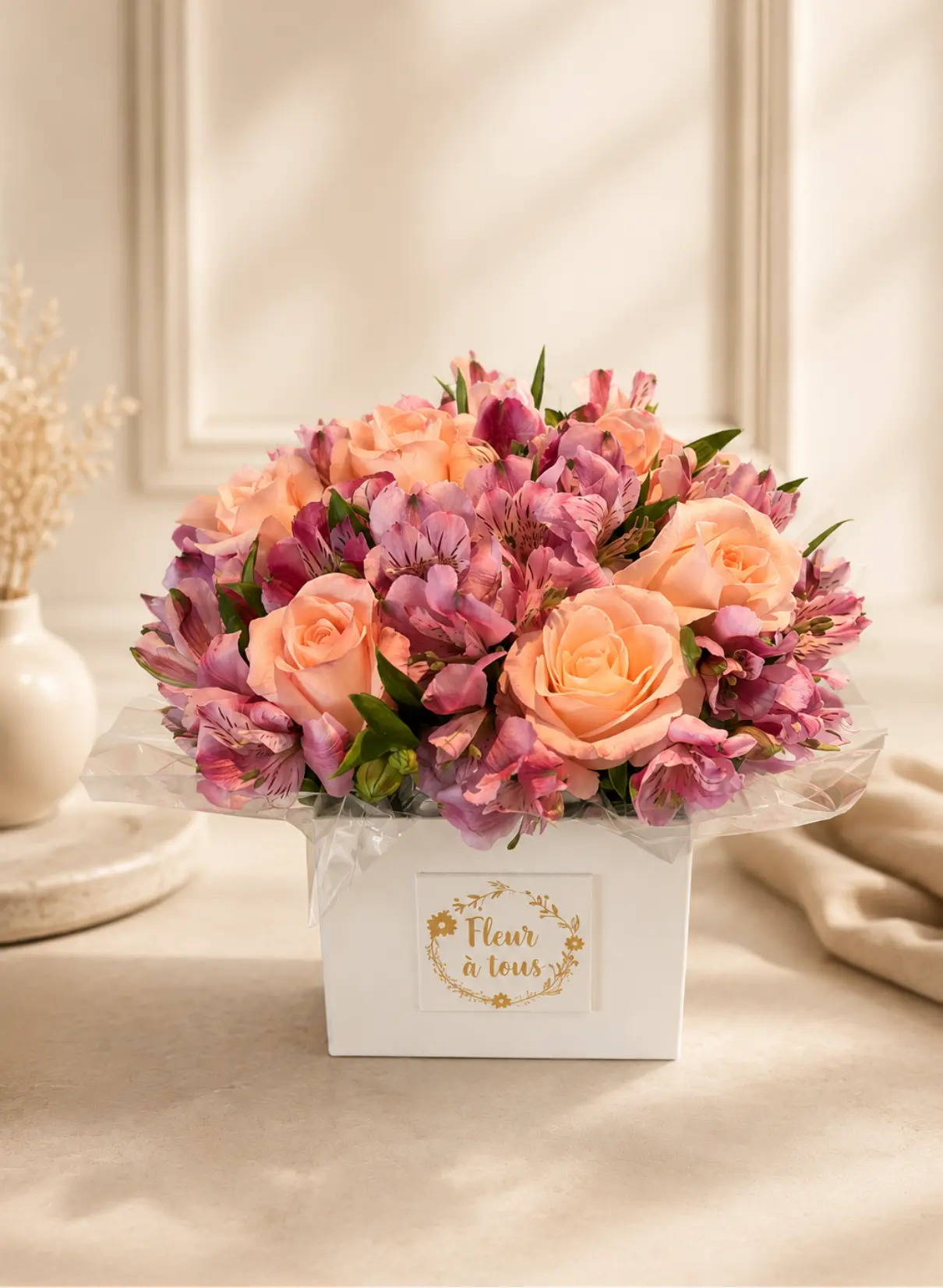 Arranjo de rosas pêssego e astromélias em caixa branca com a logo Fleur à Tous